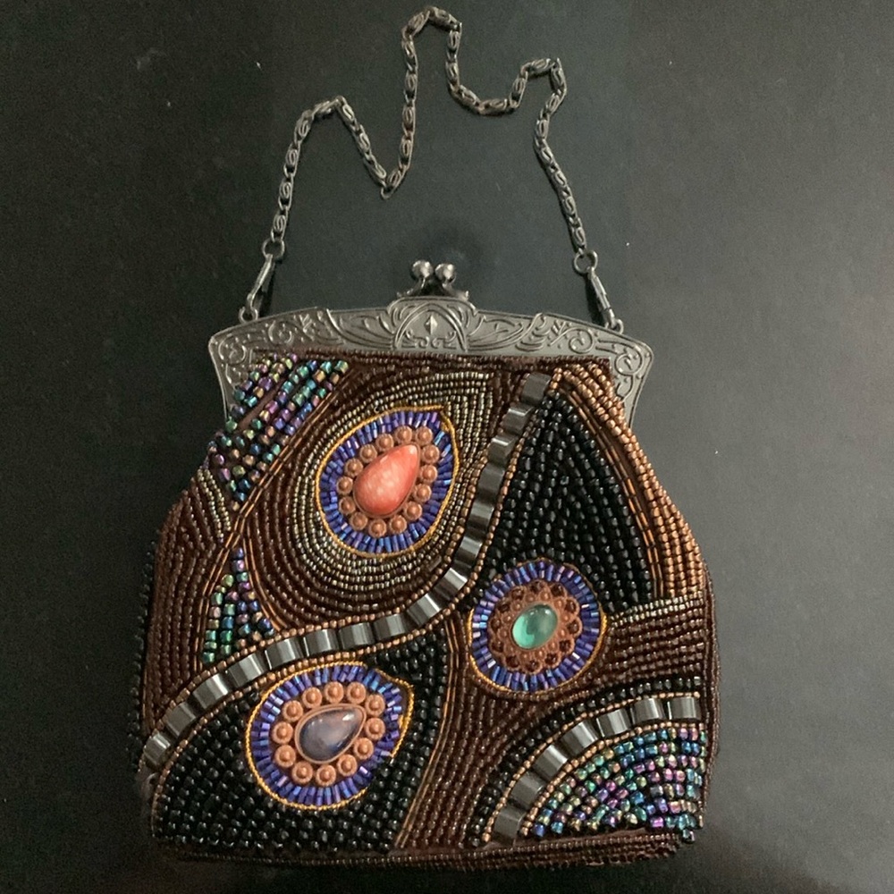 Vintage Multi Colored Stones Small Beaded Clutch with Chain Strap